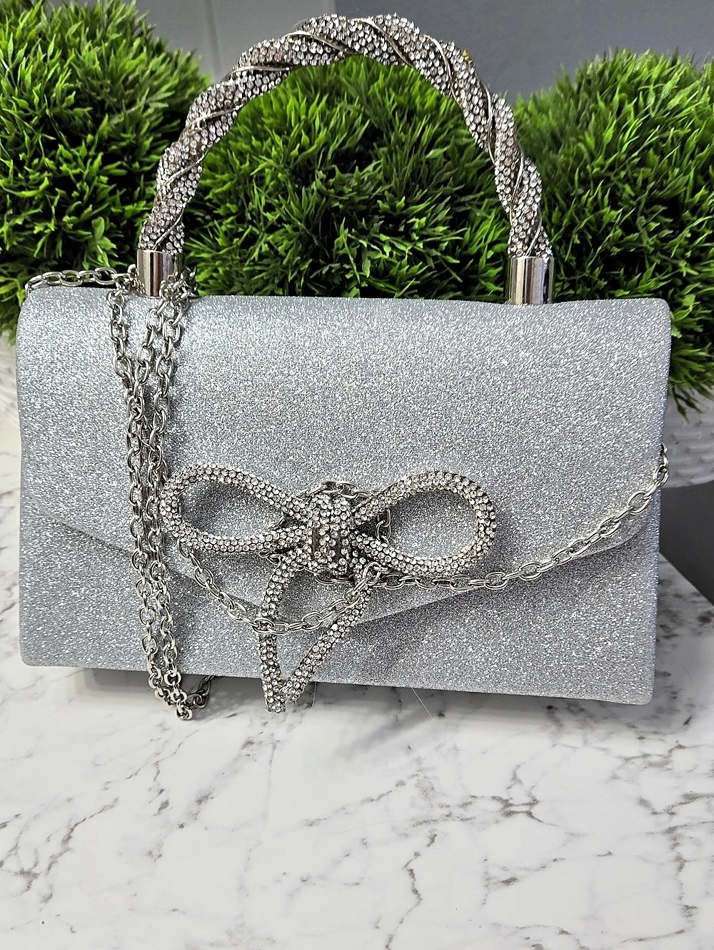 Silver Glitter Bow Clutch